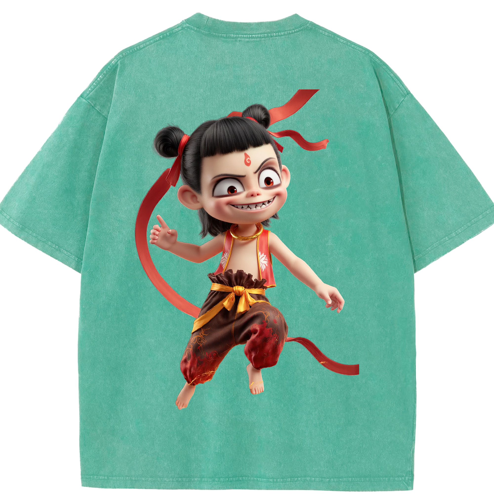 （画像用） Ne Zha 2 ナタ 魔童の大暴れ 綿100% ヴィンテージ風 半袖Tシャツ（背面プリント）